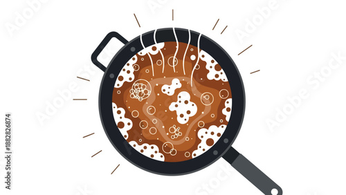 Stylized illustration of a simmering brown liquid in a hot cooking pan with active bubbles and rising steam.