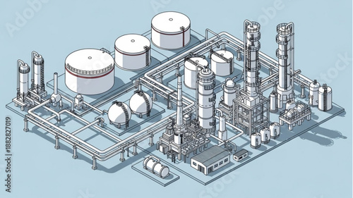 Industrial Chemical Plant Complex with Tanks and Towers.