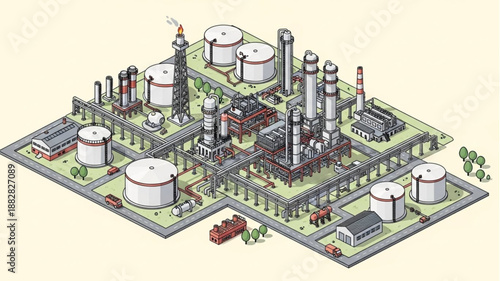 Industrial Oil Refinery Complex Isometric Illustration.