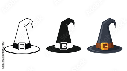 Three witch hats with emblem. Flat Design Icon. Vector icon set. Modern style icon. Glyph and solid icon set. Icon vector. line icon set. Clipart