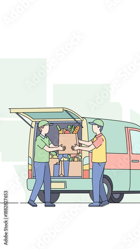 Delivery Drivers Unloading Groceries From Van, Community Service Providing Essential Goods