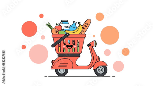 Delivery Scooter With Shopping Basket Filled With Fresh Groceries And Food Items