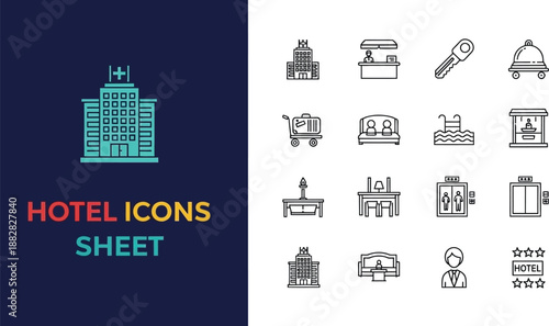 Black outline icon sheet of hotel services and hospitality amenities