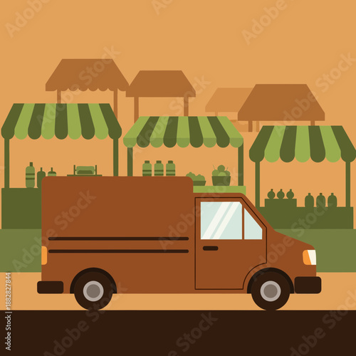 Delivery Truck Arrives At Farmers Market Stalls Laden With Fresh Goods For Sale