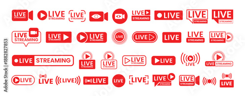 Live streaming icon set button, banner, label, sticker, stamp. Live broadcasting buttons and symbols. Video online stream icons. Live stream logo. Watch live stream. Social media. Vector illustration.