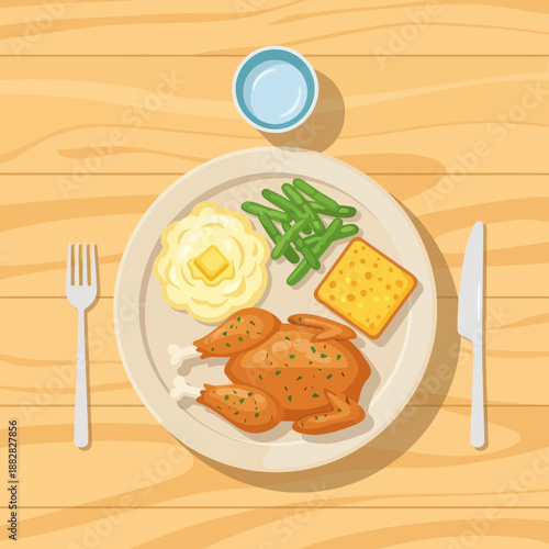 Delicious Roasted Chicken Dinner, Delightful Meal Plated with Various Appetizing Sides on Wooden