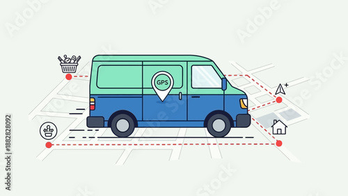 Delivery Van Navigating Route to Destination Illustrated on a Map with GPS Marker