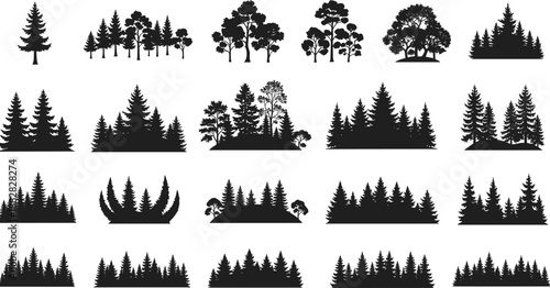 Large collection of forest and tree landscape silhouettes in black vector style isolated on white background for nature scenery illustration graphic design projects