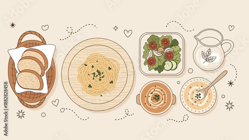 Delightful Italian Dinner Illustration Depicting Pasta, Salad, Bread and Soup Varieties