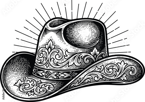 Vintage cowboy hat vector illustration with ornate floral engraving and sunburst rays, western style headwear for country music, rodeo, and rancher apparel design.