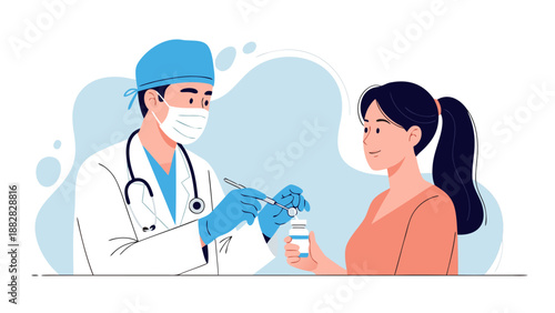 Medical procedure vector illustration of a doctor administering an injection to a patient
