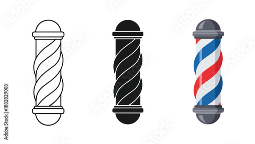Three barbershop pole designs. Flat Design Icon. Vector icon set. Modern style icon. Glyph and solid icon set. Icon vector. line icon set. Clipart