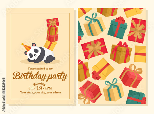 Birthday invitation template with cute pands colorful presents festive vibe holiday elements
