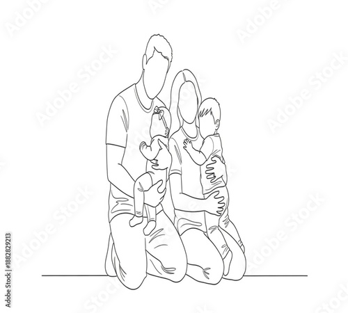 A simple line drawing depicts a family of four embracing together warmly