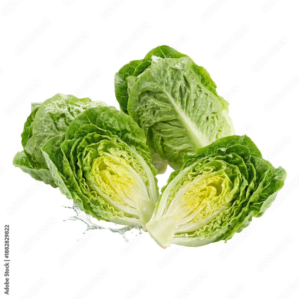 Fototapeta premium Fresh romaine lettuce heads and halves with crisp green leaves and visible water splashes, highlighting natural texture, freshness, and hydration for healthy food, salad, and organic produce concepts.