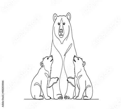A minimalist line drawing depicts a mother bear with two cubs looking upwards