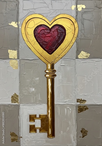 Golden heart-shaped key with ruby red gemstone and textured background with gold leaf accents