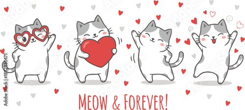 Four cute cartoon cats celebrating love and friendship with hearts and text meow forever
