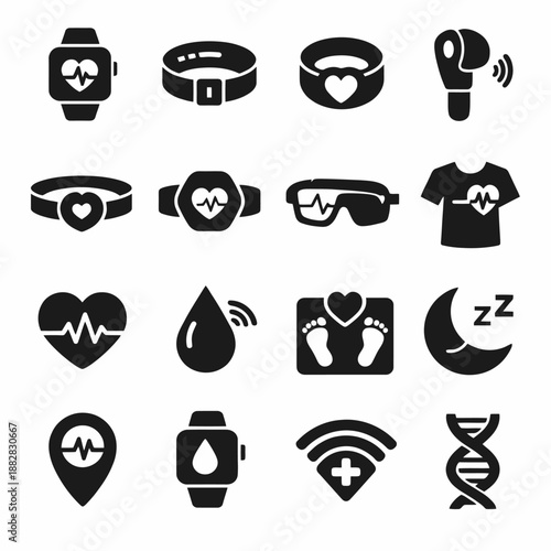 Collection of wearable technology icons for health and fitness monitoring