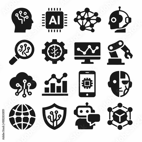 Ai and robotics icons: network, circuit, robot, cloud, data, shield