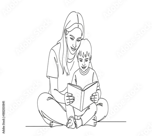 A heartwarming sketch of a mother and child enjoying a story together reading