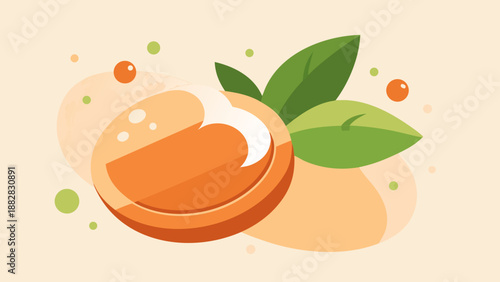 Round persimmon soap with foam and green leaves on soft beige background