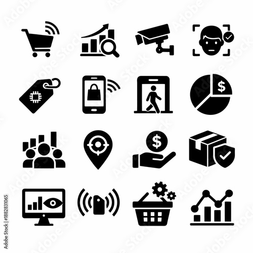 E-commerce icons: shopping, surveillance, analytics, security, technology symbols