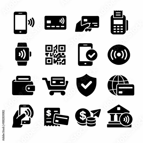 Digital payments icons set: contactless, qr, cards, wallet, security