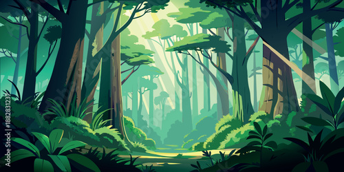 Lush Green Forest Landscape with Dramatic Sunbeams and Deep Woodland Foliage