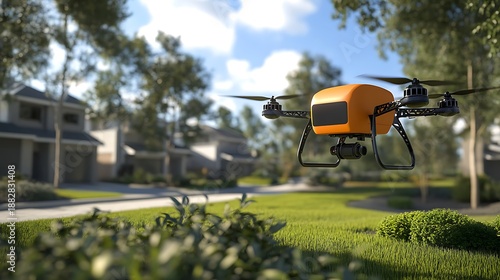 Orange unmanned aerial vehicle equipped with a camera hovers silently over a manicured suburban lawn near modern residential homes under a bright blue sky