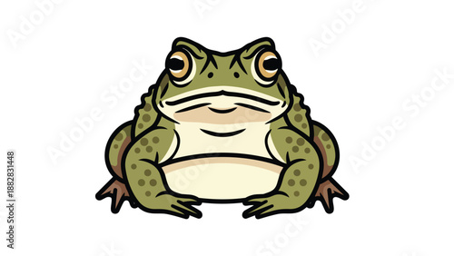 A charming vibrant illustration depicts a robust green toad-like amphibian creature, featuring speckled olive skin and wide-set expressive golden