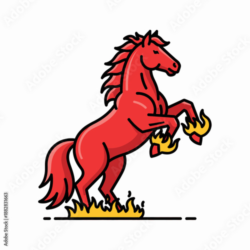A vibrant red horse illustration in a powerful rearing pose, with stylized orange flames licking at its hooves and ground