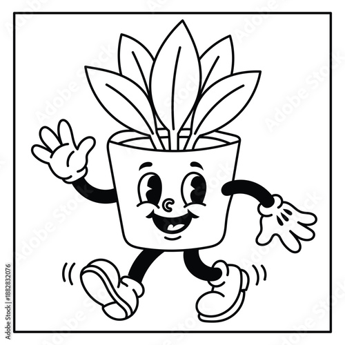 Cute Happy Houseplant Character Waving and Walking Line Art Illustration