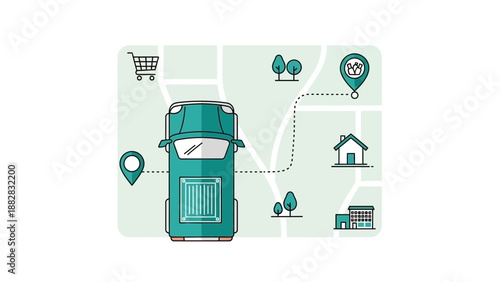 Digitally Illustrated Logistics Truck Mapping Its Route to Various Delivery Locations