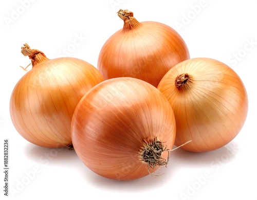 Wallpaper Mural Four round, golden-brown onions sit on a white surface, with textures of papery skins and natural details Torontodigital.ca