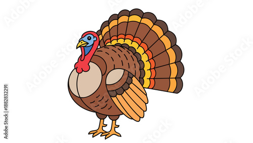 A charmingly stylized cartoon turkey with vibrant plumage and a proud stance featuring autumn hues is depicted standing isolated on a pure white