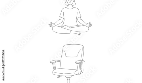 Person meditating in lotus position above empty chair simple line drawing minimalistic style white background