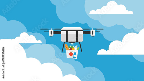 Drone Delivering Grocery Items through the Sky with Food Bag on a Beautiful Sunny Day