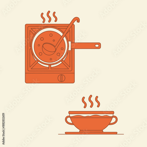 Depiction Of A Culinary Scene: Pot Of Soup Simmering And Ready To Be Served In Bowl