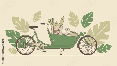 Eco-Friendly Cargo Bike Delivering Fresh Groceries and Organic Goods with Green Leaves