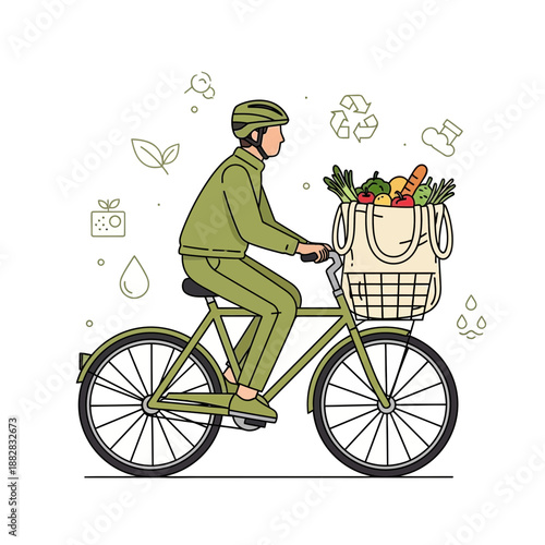 Eco-Friendly Cyclist Delivering Fresh Groceries with Sustainable Practices and Healthy Produce