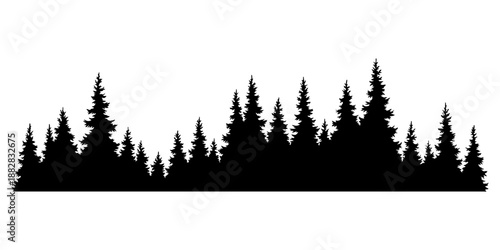 Fir trees silhouette. Coniferous spruce horizontal background pattern, black evergreen woods vector illustration. Beautiful hand drawn panorama of coniferous forest