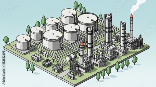 Industrial Oil Refinery Complex with Storage Tanks and Smokestacks.