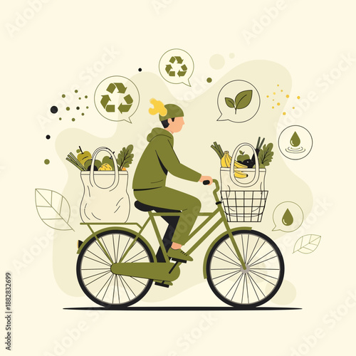 Eco-Friendly Cyclist Delivering Groceries Representing Sustainable Living and Green Initiatives