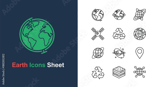 Black outline icon sheet of earth globe and global technology concepts