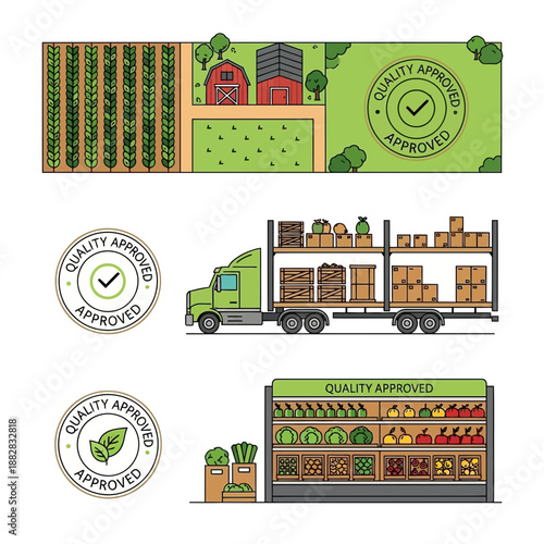 Depiction of Farm to Table Process: Harvest, Transportation, And Quality Assurance Display
