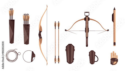 Set of geometric archery equipment: bow, crossbow, arrows, quiver, glove, shield
