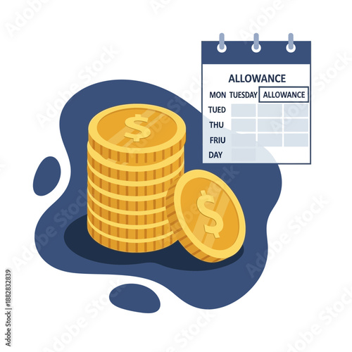 Depiction Of Financial Planning And Allowance Tracking With Gold Coins And Calendar