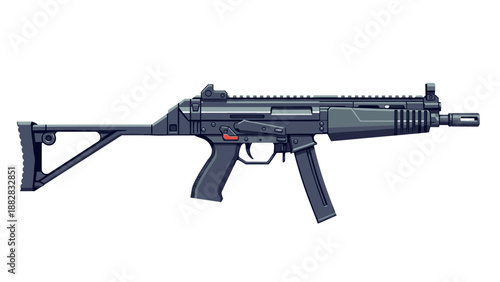 Futuristic tactical rifle design with detailed side view and modern features