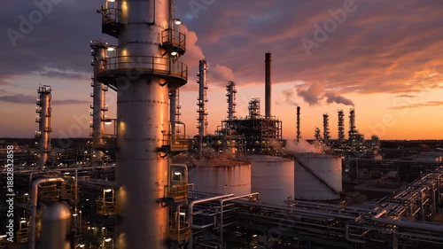 Wallpaper Mural Industrial plant at sunset. Smoke rises from towers and pipes. Amazing view captures energy and power of modern manufacturing. Industrial atmosphere creates a stunning backdrop. Torontodigital.ca